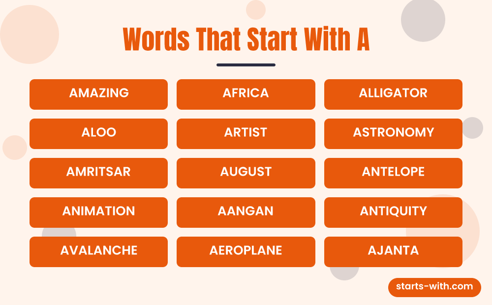 Words That Start With A: Amazing, Africa, Alligator, Aloo, Artist, Astronomy and more